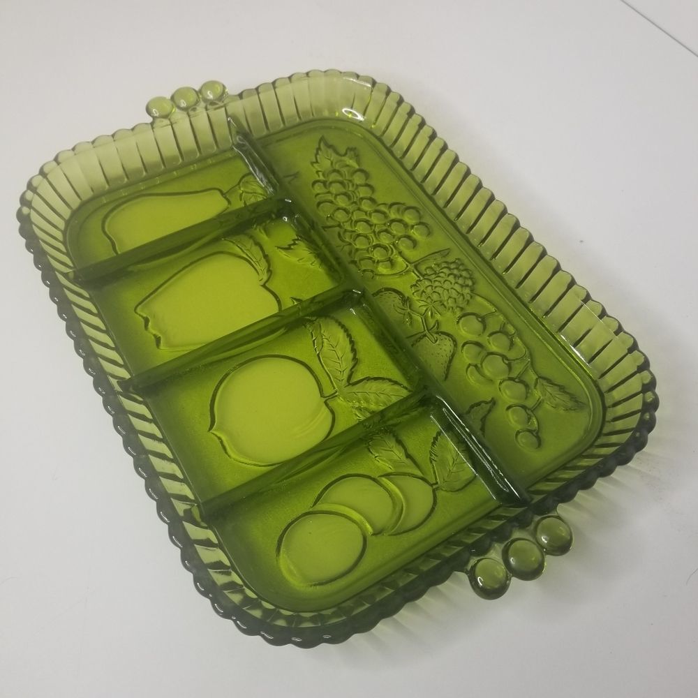 Vintage Indiana Glass Green Divided 5 Part Relish Serving Tray Fruit Olive - Picture 2 of 9